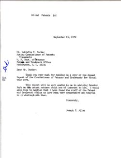 Letter from Joseph P. Allen to Lutrelle F. Parker of the Patent and Trademark Office, September 13, 1979