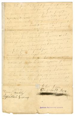 1830, Nov. 17 - Jones, John, County, Kentucky. Legal document, signed by John Jones and his wife, Mrs. Elizabeth (Lucas) Jones, releasing William Lucas, father of Mrs. Jones, from any further claim upon his estate in consideration of four slaves and $50. Recorded and signed, May 10, 1833, by Thomas Helm, clerk, Lincoln County, Kentucky, Court.