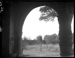View of Popo through archway, church at Cholula, Huejotzingo convent.