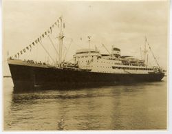 Ship in water with international flags along mast