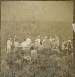 Group stands at harbor with sailors
