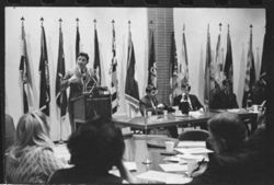 Senator Birch Bayh speaking to a group