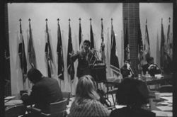 Senator Birch Bayh speaking to a group