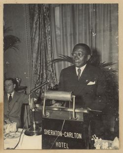 President William V. S. Tubman gives speech before Joint Committee of Press, Radio, and TV correspondents during luncheon