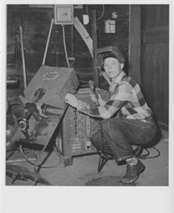 Bayh as young farmer welding