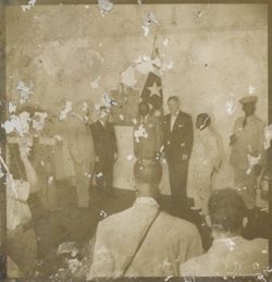 President William V. S. Tubman stands with others during unveiling of the Harvey S. Firestone plaque