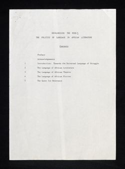 "Decolonizing the Mind: The Politics of Language in African Literature" - Photocopy of annotated transcript, undated