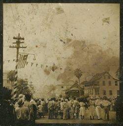 Crowd gathers in a street decorated with flags