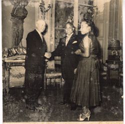 Ambassador and Mrs. Knight pose for portrait with M. de la Chaurimiene - Chief of Protocol