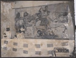 Painting of a man mounted on a horse stabing a snake labeled "colonialisme" with a spear