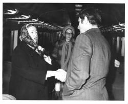 Bayh on train on Valparaiso-Chicago railroad