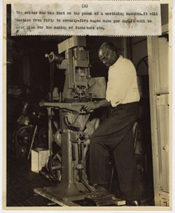 Man presses foot pedal of mortising machine