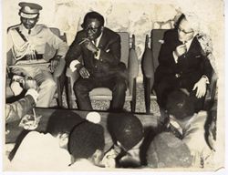 President William V. S. Tubman sits between Marjor General Gowon and Mr. U. Thant at VIP chalet of Lagon Airport