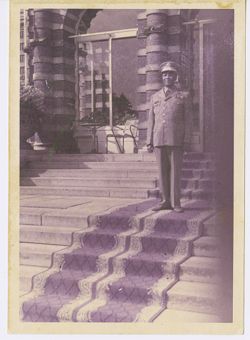 Military personnel stands on stairway at formal event