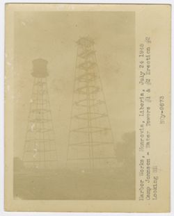 Harbor works, Monrovia, Liberia, July 24, 1945 Camp Johnson-Water towers #1 & #2 Erection #2 Looking SE