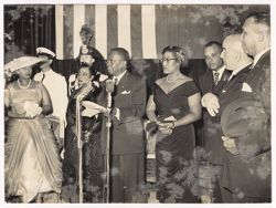 President William V. S. Tubman, Mrs. Tubman and other dignitaries stand on stage and give speech at the Italian Institute for Africa in Rome