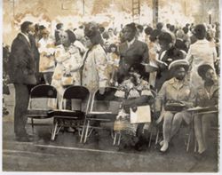 Crowd gathers outdoors for a commencement ceremony