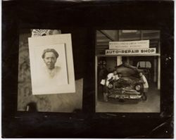 Contact sheet: Portrait of woman and men working in autoshop fixing automobile
