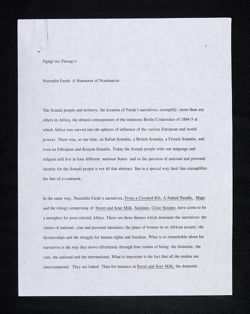 "The Novel and African Culture" - "Nuruddin Farah: A Statement of Nomination" - draft, typescript, undated
