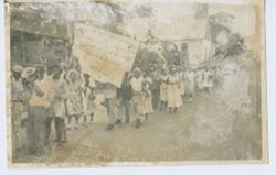 Crowd marches down street
