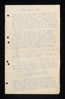 "Return to the Roots: Language and History as the Two Sources for a Kenyan National Literature" - "Shakespeare in Africa" - handwritten, undated