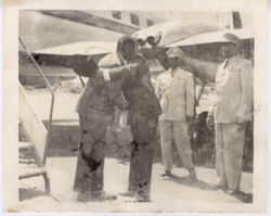 Men greet each other at the bottom of airplane stairs on a runway