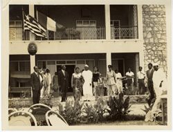 Ambassador C.T.O. King and Yahne King Sangre with guests gathered outside the Liberian Embassy in Lagos, Nigeria