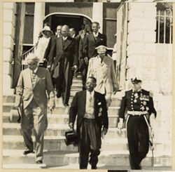 Prime Minister Bustamente, President William V. S. Tubman and Governor Sir Hugh Foot and others leave building together