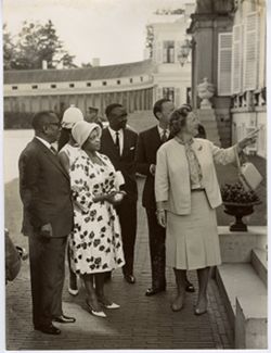President William V. S. Tubman, Mrs. Tubman and Coco Tubman stand outside with guests