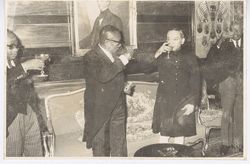 President William V. S. Tubman, Vice President William Tolbert, Chief Justice A. Dash Wilson, and foreign official toast at the Executive Mansion in Monorivia