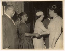 Vice President William R. Tolbert, Mrs. Tubman, and Golda Meir greet guests in a reception line
