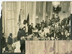 President William V. S. Tubman stands at podium during a Press Club event