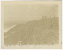 A cliff overlooking a rocky beach where waves are breaking