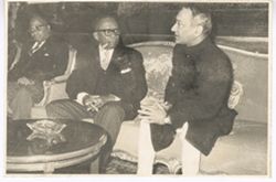 President William V. S. Tubman, Vice President William R. Tolbert, and foreign official at the Executive Mansion in Monrovia