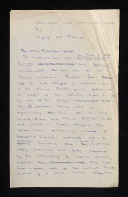 "Return to the Roots: Language and History as the Two Sources for a Kenyan National Literature" - "Struggle Over National Theatre" - handwritten, undated