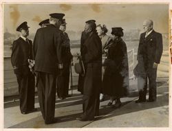 Officers of H.M. Cruiser "De Ruyter" being presented to President William V. S. Tubman, Mrs. Tubman, and the Queen by Captain of Royal Nave G.J. Platerink while Defense Minsiter Staff looks on