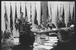 Senator Birch Bayh speaking to a group