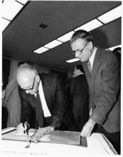 Defence Minister Rabin signs book with Hamilton