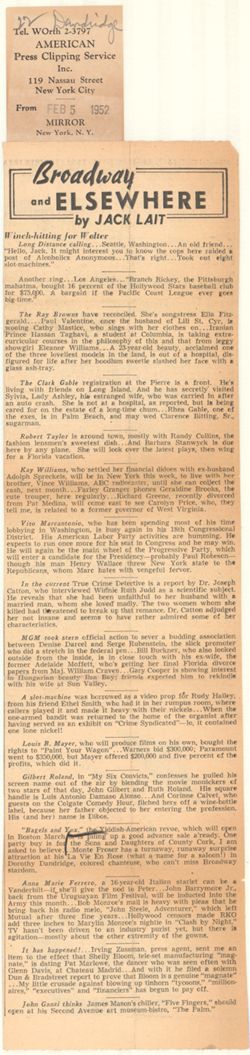 Dorothy Dandridge press clippings, 1952-1953
