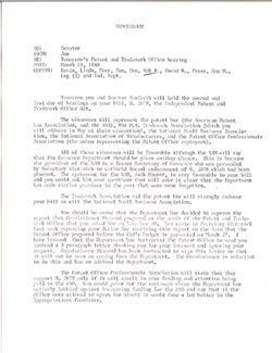 Memo from Joe to Senator re Tomorrow's Patent and Trademark Office hearing, March 11, 1980