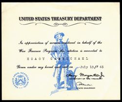 United States Treasury Department. "In appreciation of services rendered in behalf of the War Finance Program..."