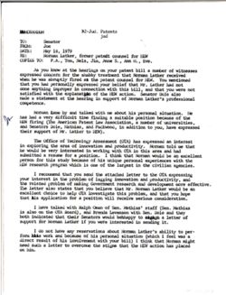 Memo from Joe to Senator re Norman Latker, former patent counsel for HEW, May 18, 1979