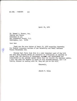 Letter from Joseph P. Allen to Samuel A. Sherer, April 30, 1979
