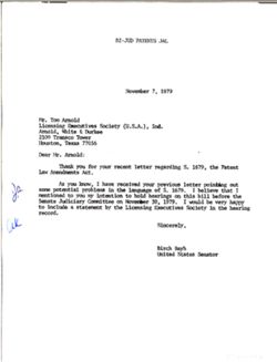 Letter from Birch Bayh to Tom Arnold of Licensing Executives Society (U.S.A.) Inc., November 7, 1979
