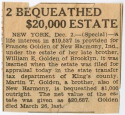 Newspaper clipping, William E. Golden's estate