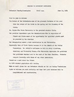 "Notes for Remarks Methodist Conference." -Methodist Church, Bloomington June 16, 1954