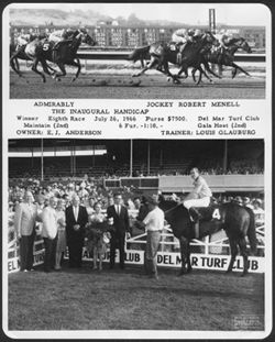 Split photo: (top) Horse race photo finish. (bottom) Hoagy Carmichael standing with six people presenting flowers to the winning jockey and horse.