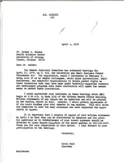 Letter from Birch Bayh to Sydney E. Salmon of the University of Arizona Health Sciences Center, April 3, 1979