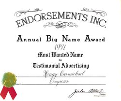 Endorsements, Inc. Annual Big Name Award, most wanted name for testimonial advertising.
