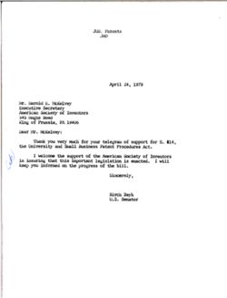 Letter from Birch Bayh to Harold E. McKelvey of the American Society of Inventors, April 24, 1979